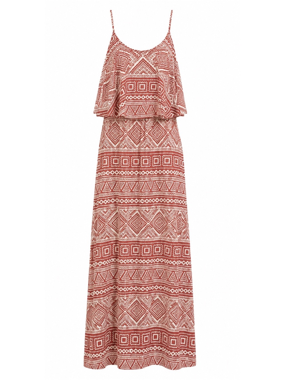 Hug Red & Cream Tribal Print Tiered Ruffle Maxi Dress Womens Size S